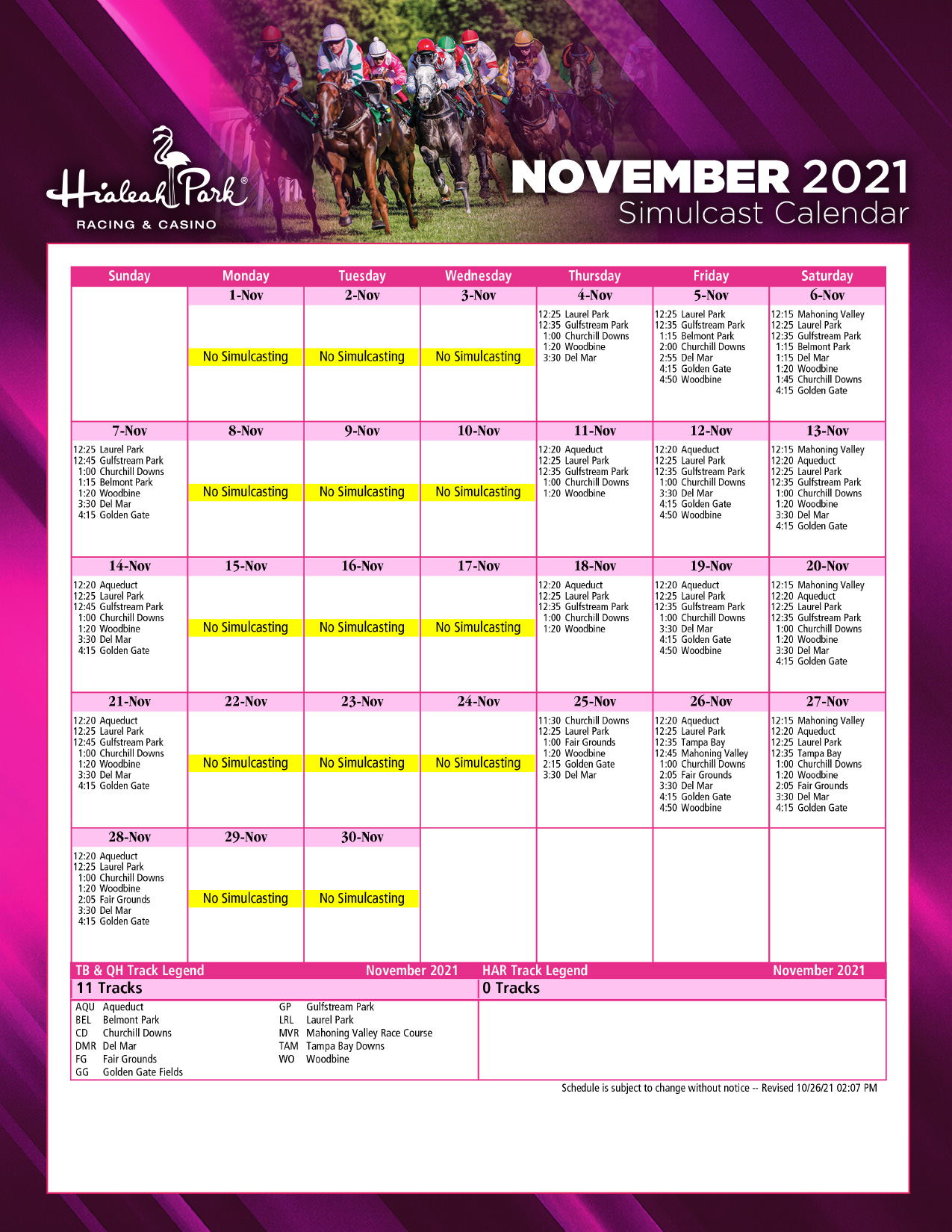 November Simulcast Calendar